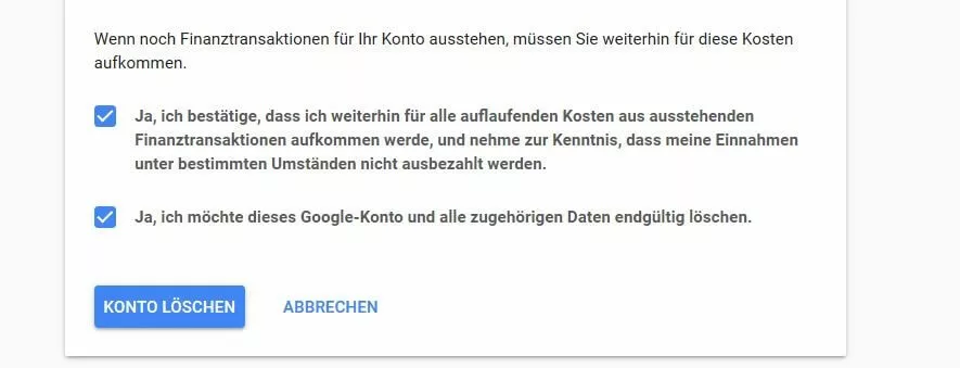 Löschung des Google-Accounts: Formular zur Bestätigung