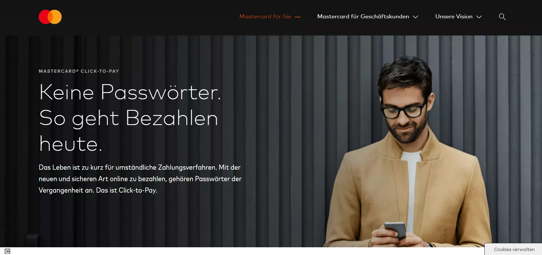 Screenshot der Startseite von Mastercards Click-to-Pay