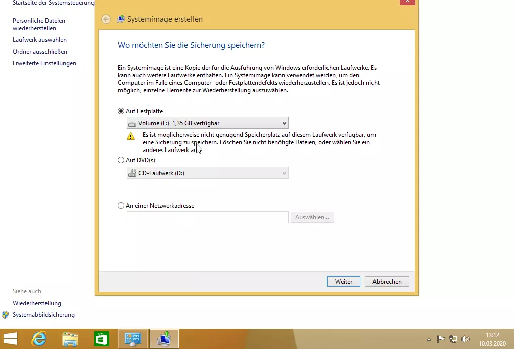 Laufwerksauswahl für die Systemabbildsicherung