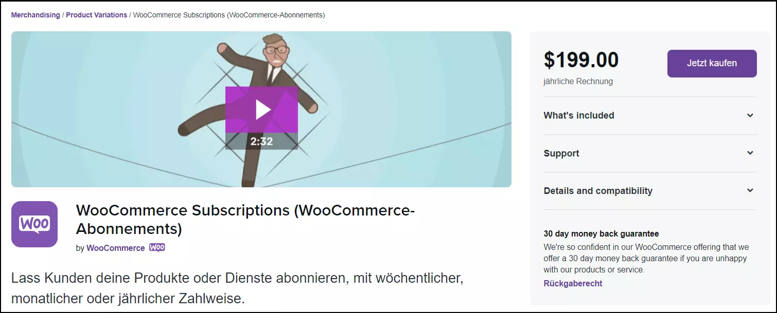 Die Download-Website des Plugins WooCommerce Subscriptions