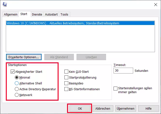 Screenshot Systemkonfiguration – Startoptionen – Abgesicherter Start