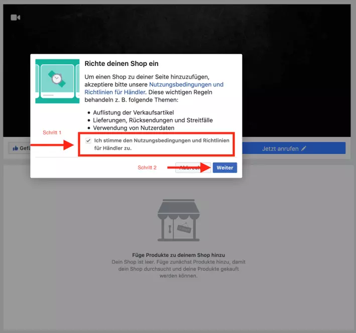 Facebook-Shop-Einrichtung: Nutzungsbedingungen