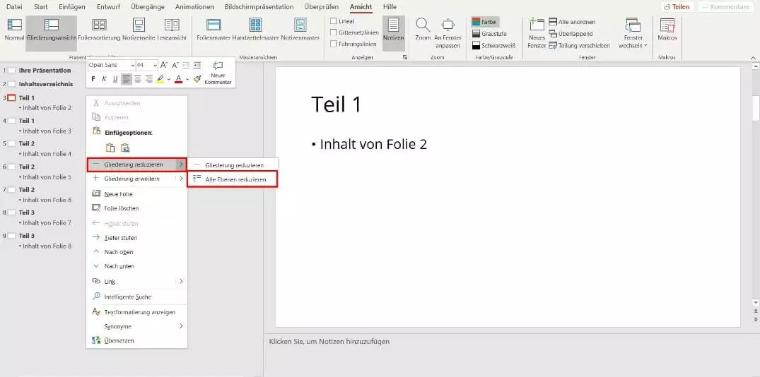 PowerPoint-Inhaltsverzeichnis erstellen: Gliederung reduzieren