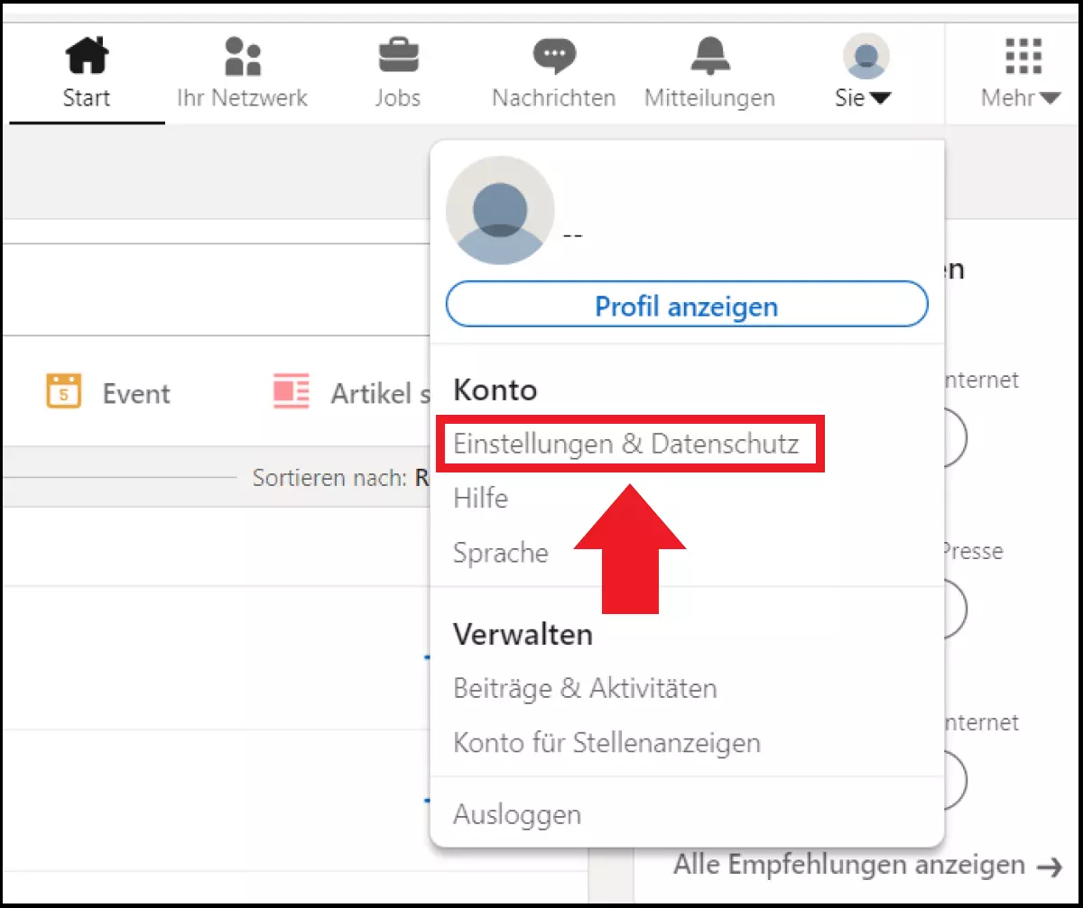 Klicken Sie auf Ihr Profilbild und auf „Einstellungen & Datenschutz“.