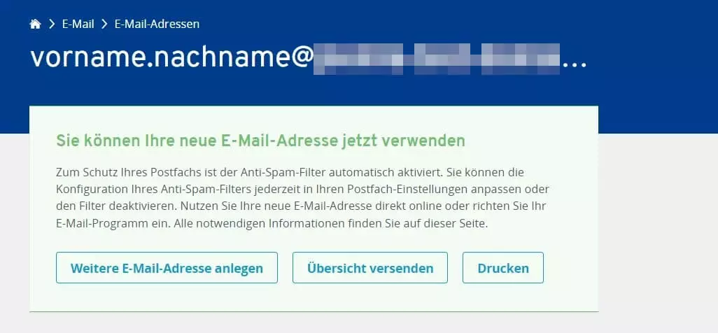 Meldung nach erfolgreicher Adress-Einrichtung im IONOS Cloud Panel