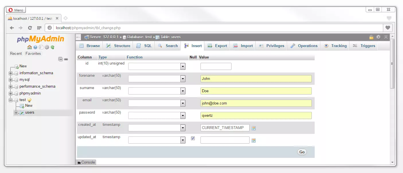 phpMyAdmin: Beispieldaten in der Eingabemaske