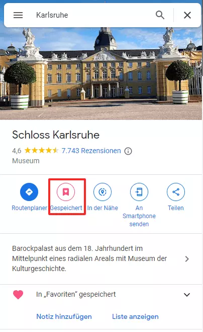 Screenshot der Details eines Orts in Google Maps