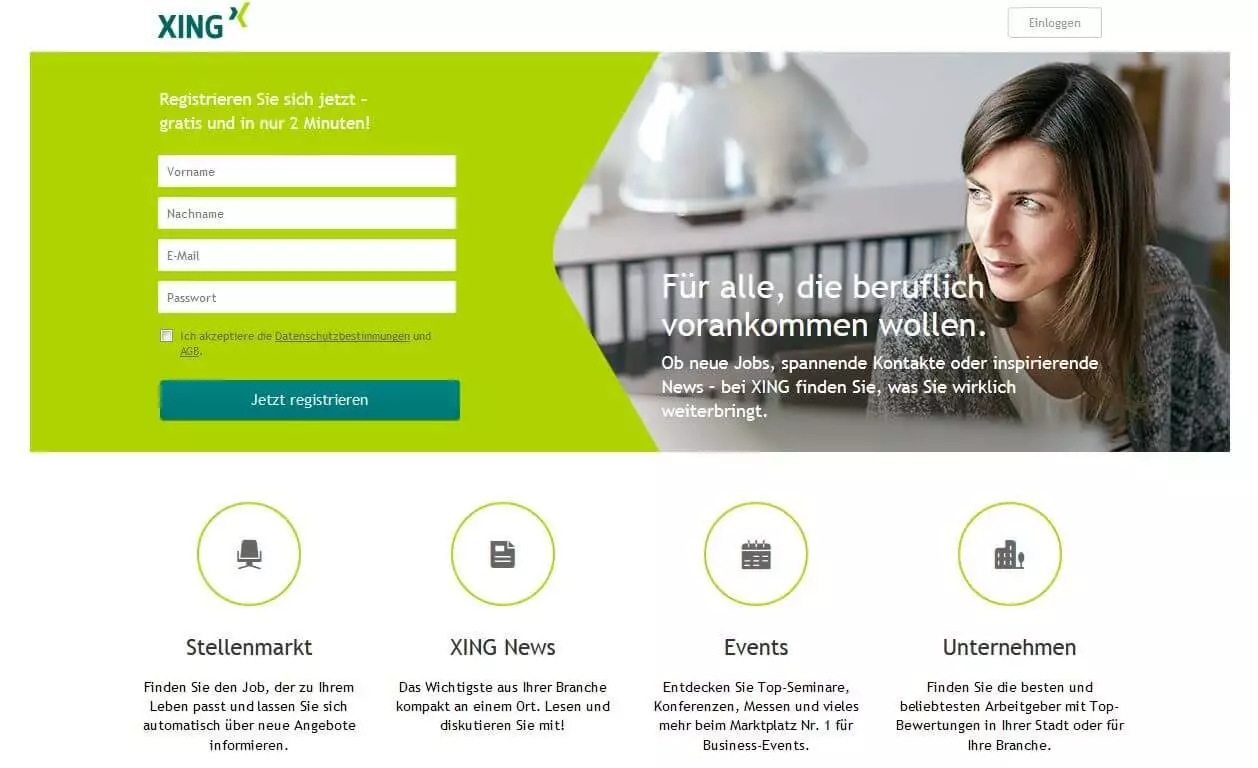 Bild zeigt XING-Startseite, auf der sich Mitglieder registrieren und einloggen können