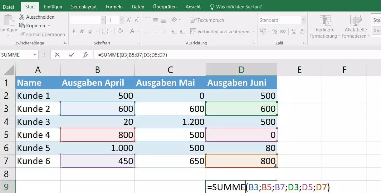 Excel 2016: SUMME-Formel mit sechs Argumenten