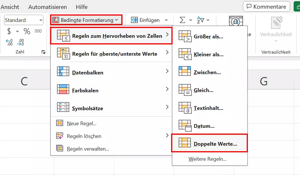 Doppelte Werte-Schaltfläche im Excel-Menü „Bedingte Formatierung“