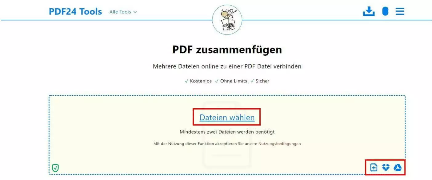 Fenster zum PDF-Zusammenfügen mit PDF 24: Upload-Bereich