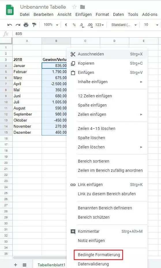 Google Sheets: Tabelle mit markiertem Bereich