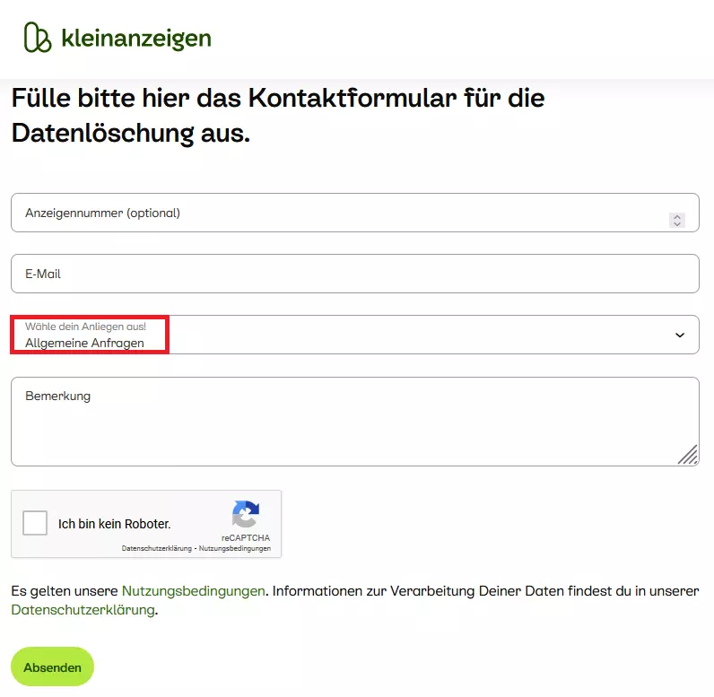 Wählen Sie im Kontaktformular „Allgemeine Anfragen“ als Ihr Anliegen aus.