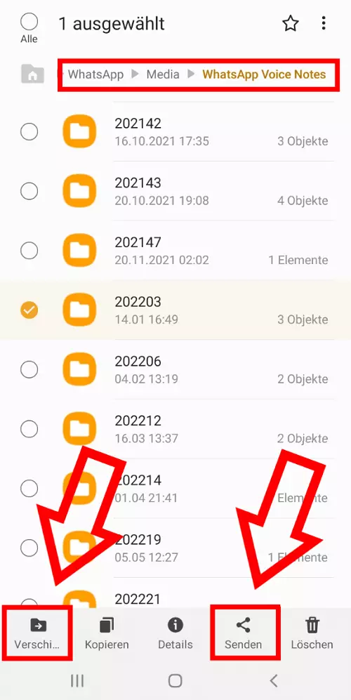 Android-Screenshot des Ordners „WhatsApp Voice Notes“ mit Hervorhebung der Optionen „Verschieben“ und „Senden“