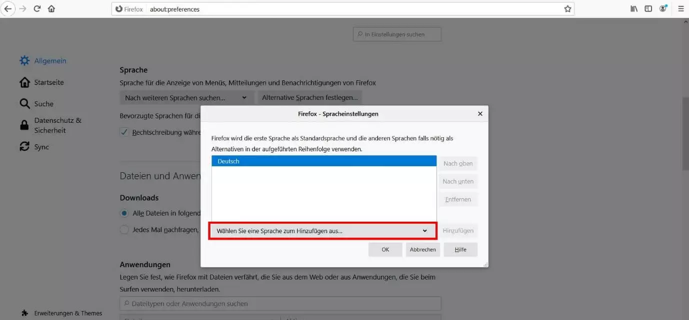 Menü „Spracheinstellungen“ in Mozilla Firefox