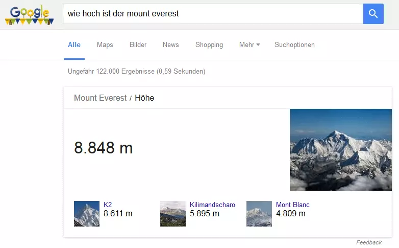 Die Quick-Answers-Box beantwortet die Frage: „wie hoch ist der mount everest”