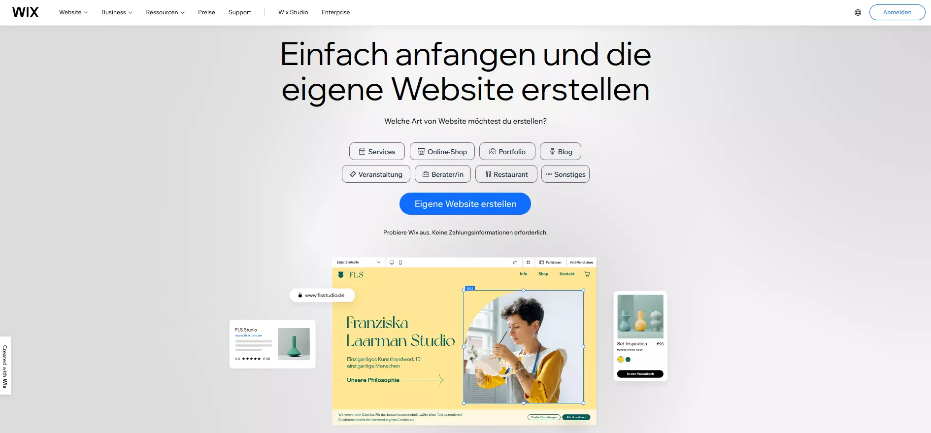 Landingpage des Wix Homepage-Baukastens