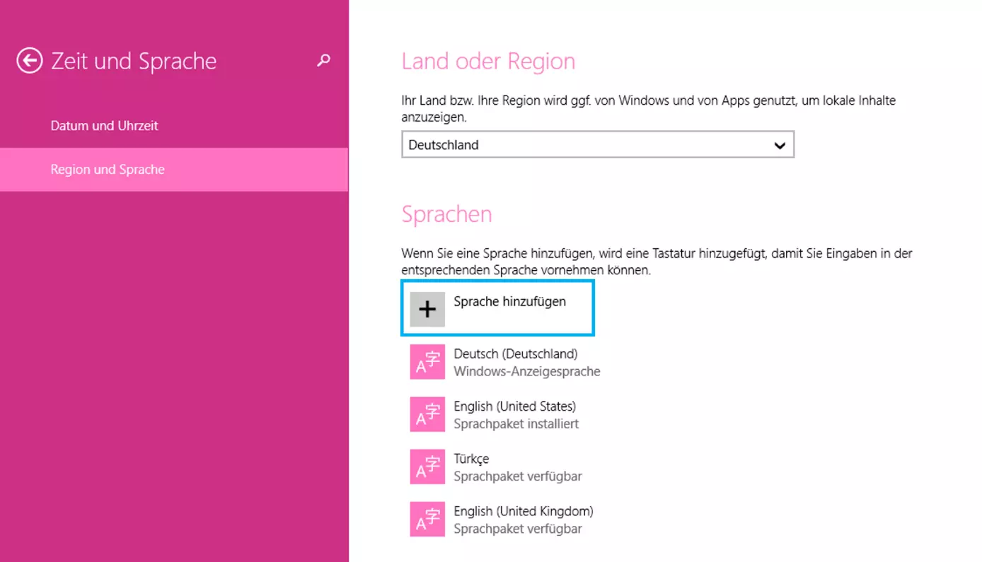 Einstellungen für „Region und Sprache“ in Windows 8