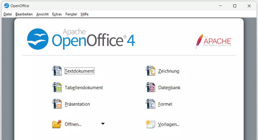 Startmenü von Apache OpenOffice