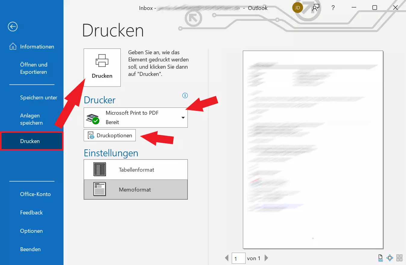 Fenster „Drucken“ mit dem rechteckigen Drucken-Feld im linken Bereich des Fensters. Rechts daneben wird die zu druckende E-Mail vorab angezeigt