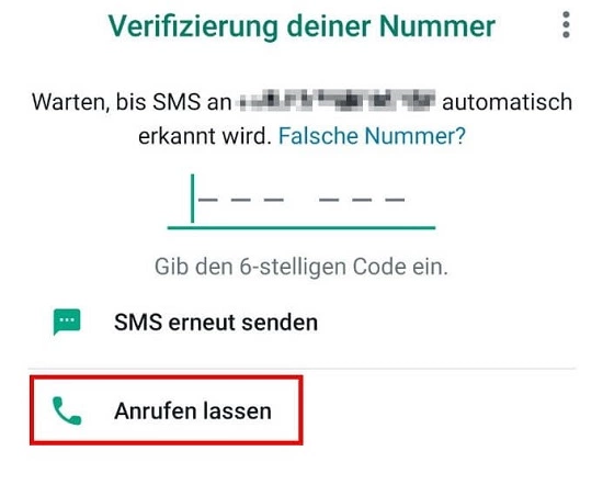 Option, einen Anruf zu erhalten, um die Telefonnummer bei WhatsApp zu verifizieren