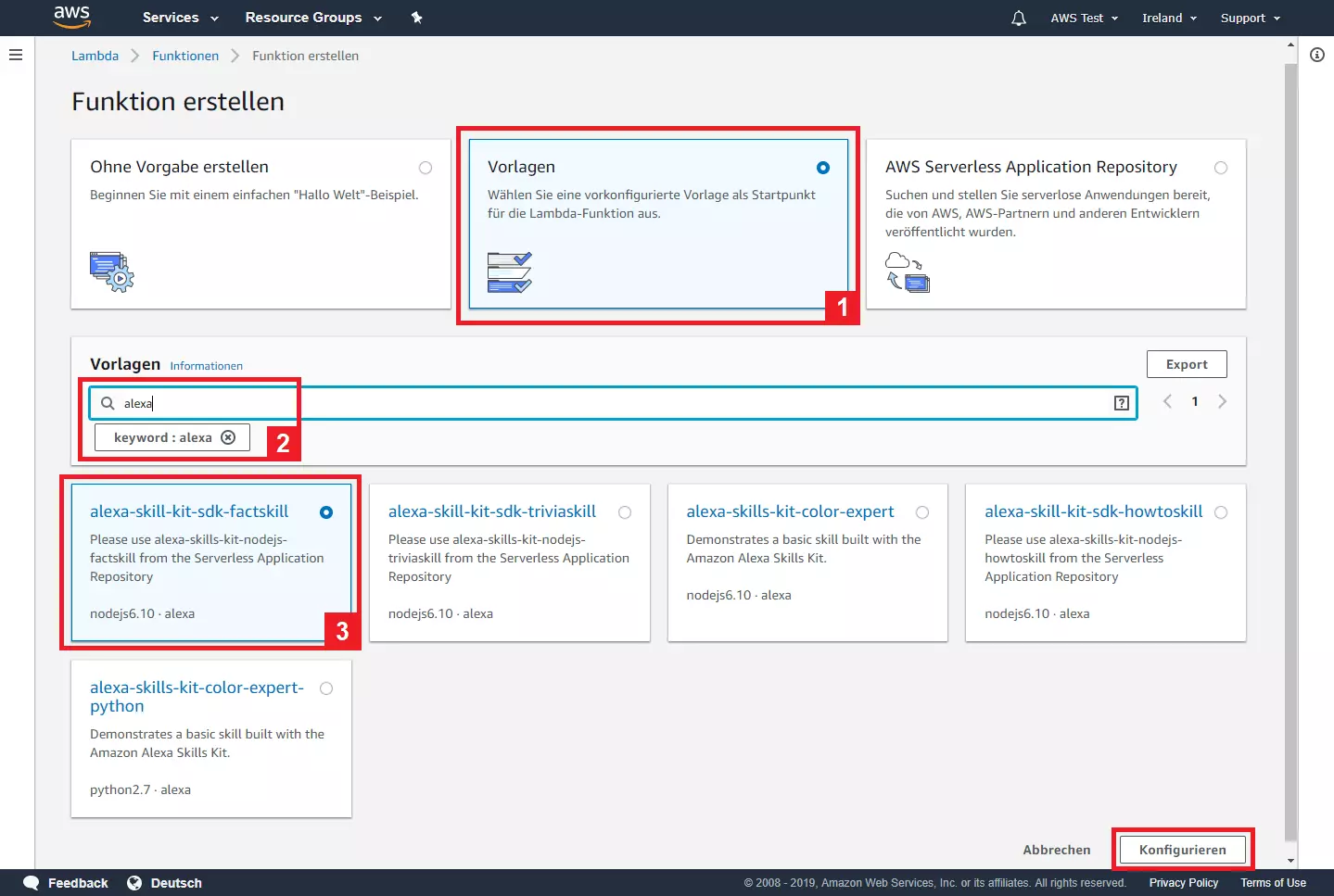 AWS-Management-Konsole: Auswahl der Vorlage für die Lambda-Funktion