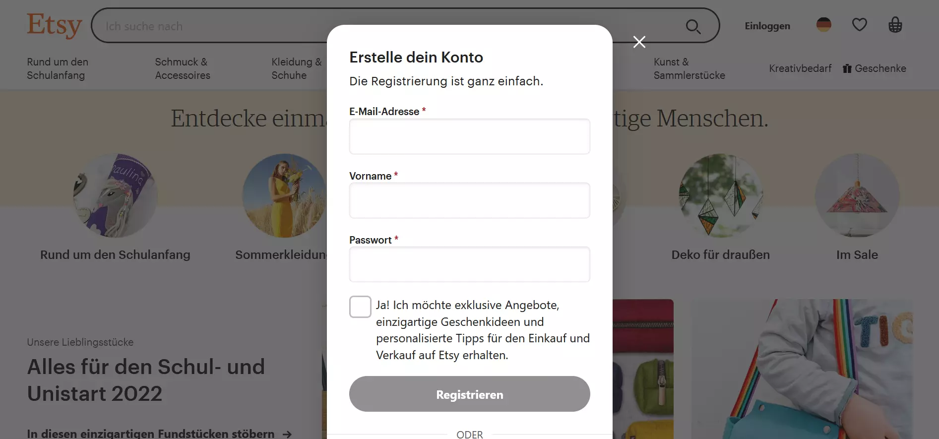 Screenshot des Fensters zur Kontoerstellung auf Etsy