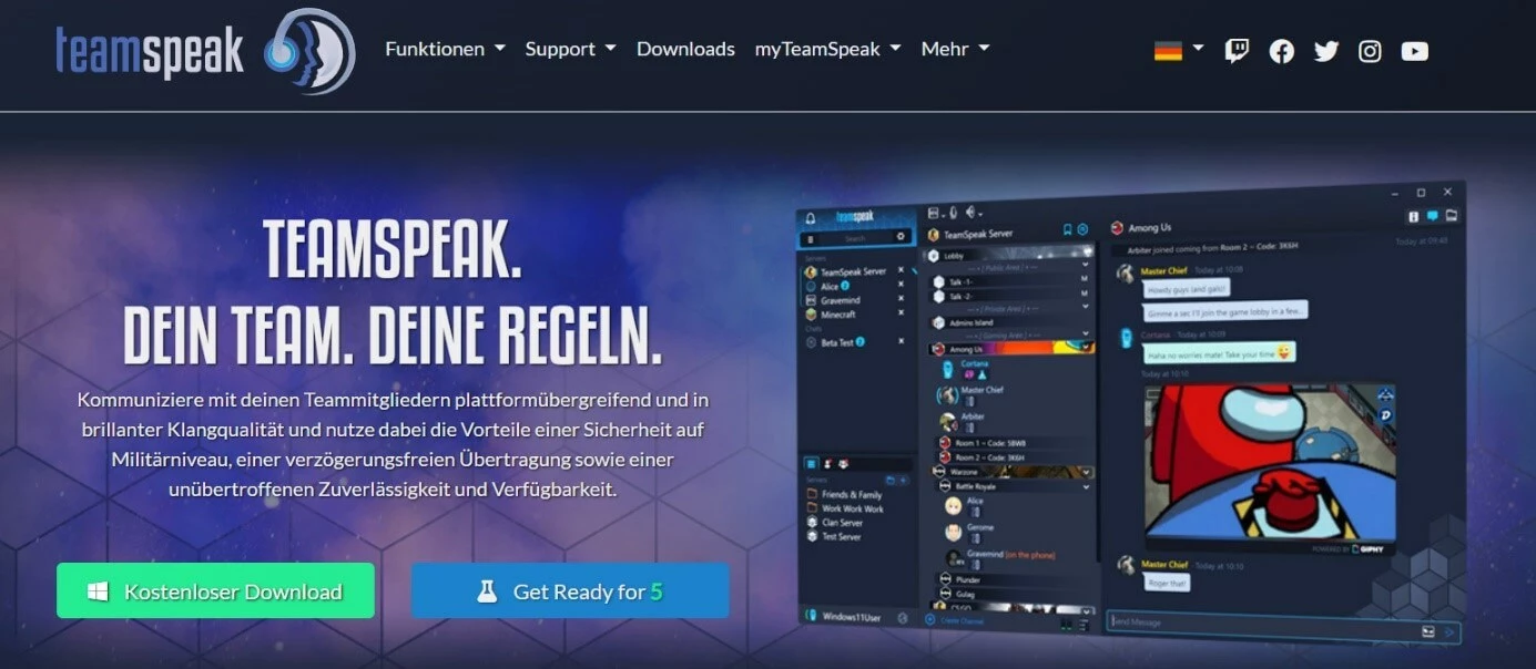 Startseite der TeamSpeak-Anwendung samt Download-Button