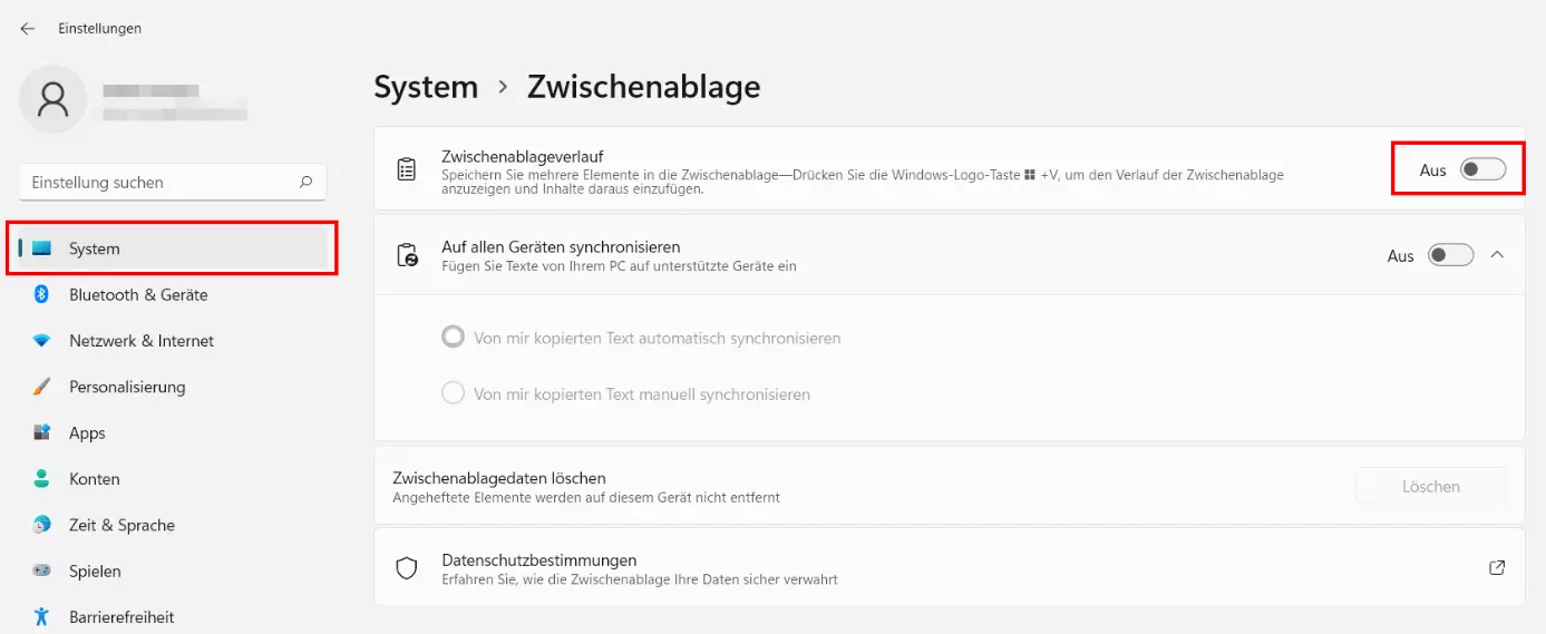 Windows 11: Zwischenablageverlauf ausgeschaltet