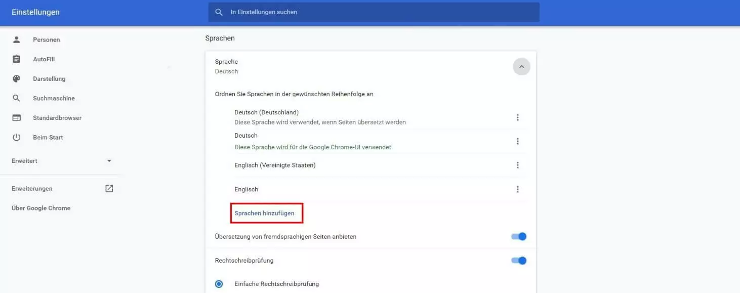 „Sprache hinzufügen“-Schaltfläche in den Chrome-Einstellungen