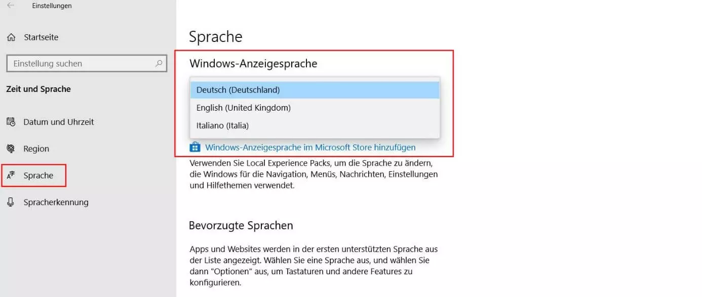 Auswahlmenü „Windows-Anzeigesprache“