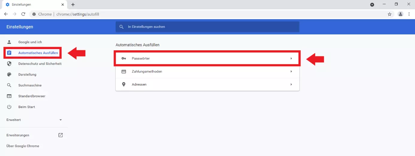 Google Chrome: Einstellungen-Menü, „Automatisches Ausfüllen“, „Passwörter“