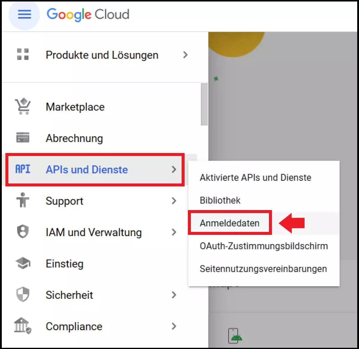 Google Cloud Menü mit „Anmeldedaten“ unter dem Punkt „APIs & Services“