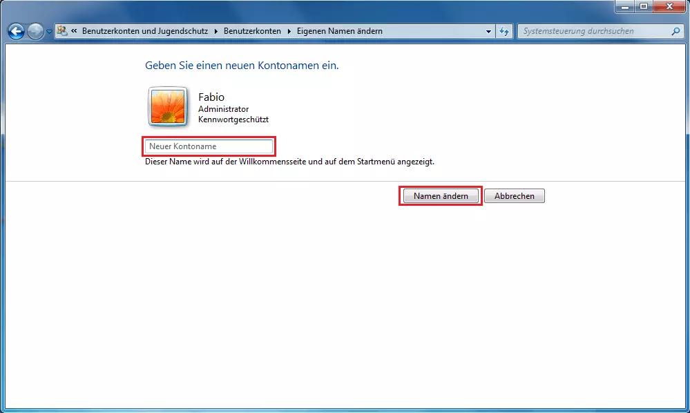 Windows-7-Benutzerkontenmenü: Benutzernamen ändern
