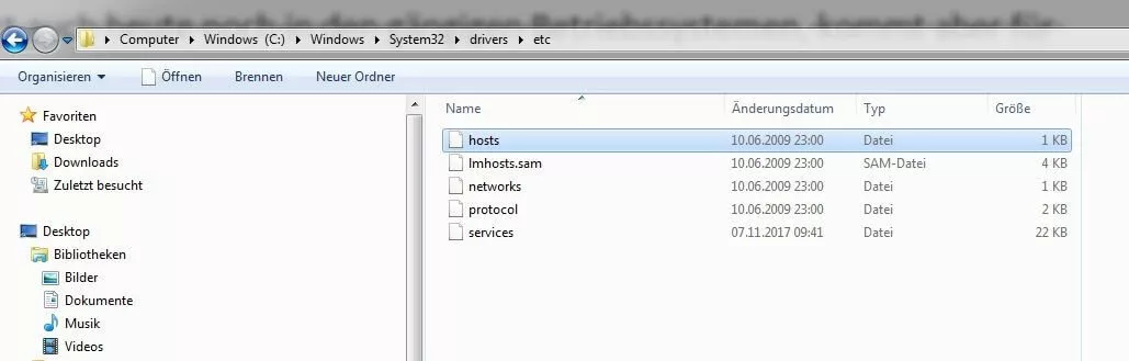 Verzeichnis der hosts-Datei unter Windows 7