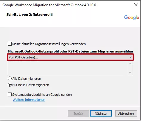 Google Worksapce Migration für Microsoft Outlook: PST-Ordner auswählen 