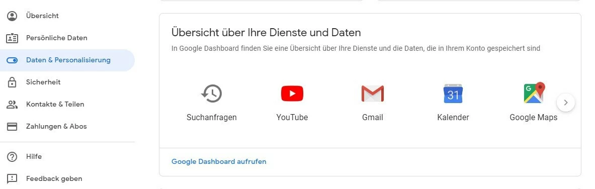 Menü, in dem man Gmail als Dienst auswählen kann