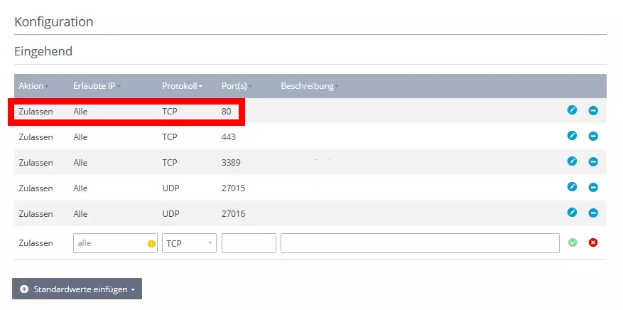 IONOS Cloud Panel: Firewall-Einstellungen mit freigegebenem Port 80