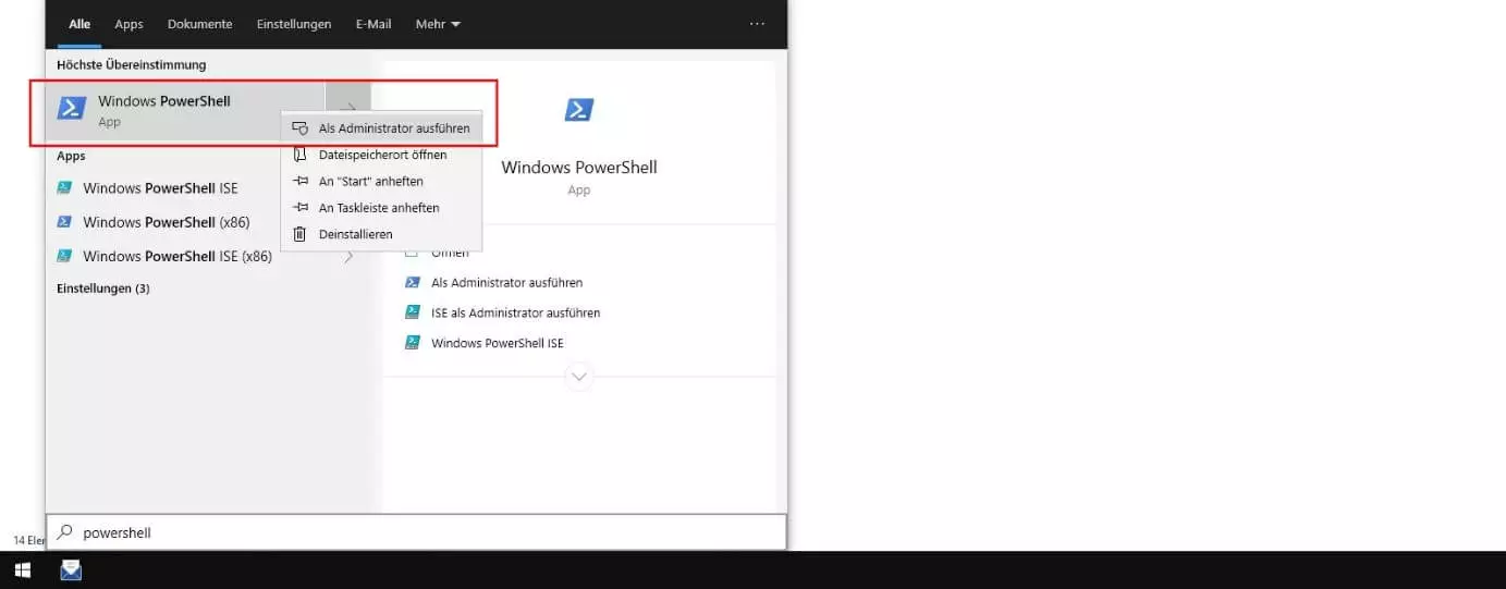 Windows-Suche: Resultat für Suchbegriff „powershell“