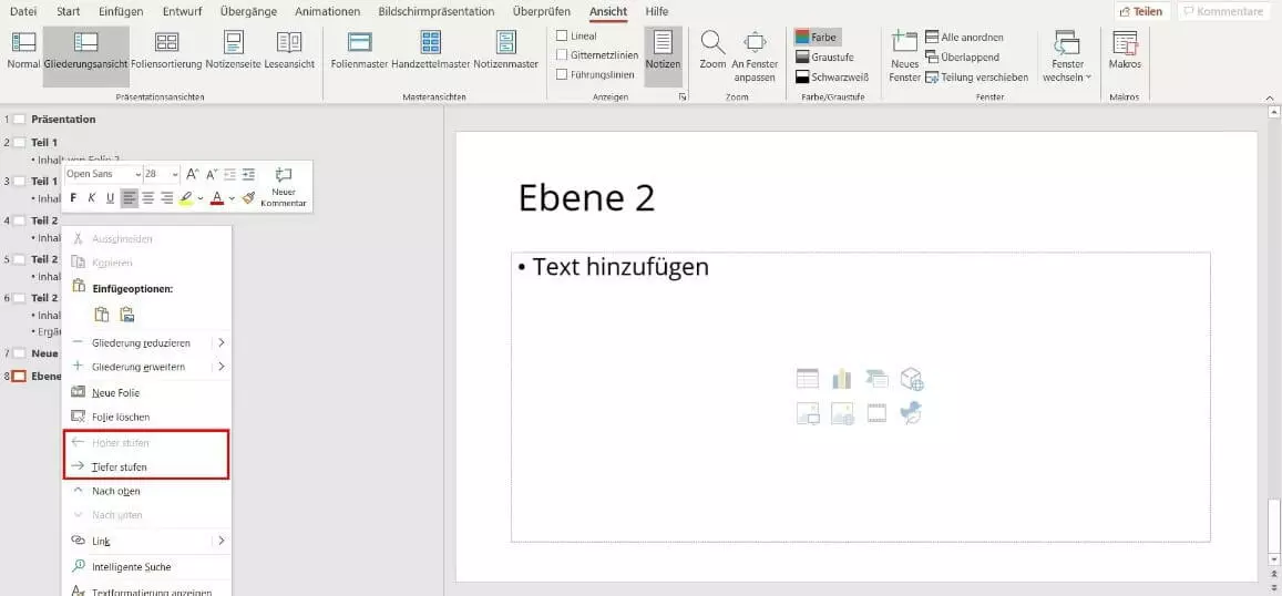 PowerPoint-Gliederungsansicht: Hierarchie ändern