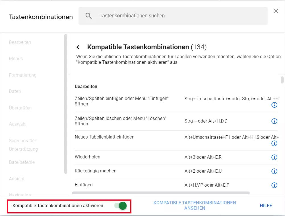 Google Tabellen: Kompatible Tastenkombinationen aktivieren