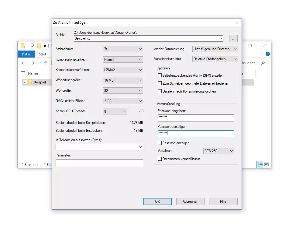 7-Zip: Konfigurationsmaske für die Verschlüsselung von Archiv-Dateien