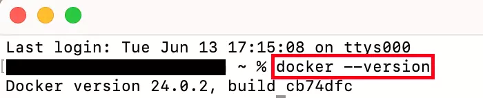Screenshot des Mac-Terminals nach Ausführen von docker –version