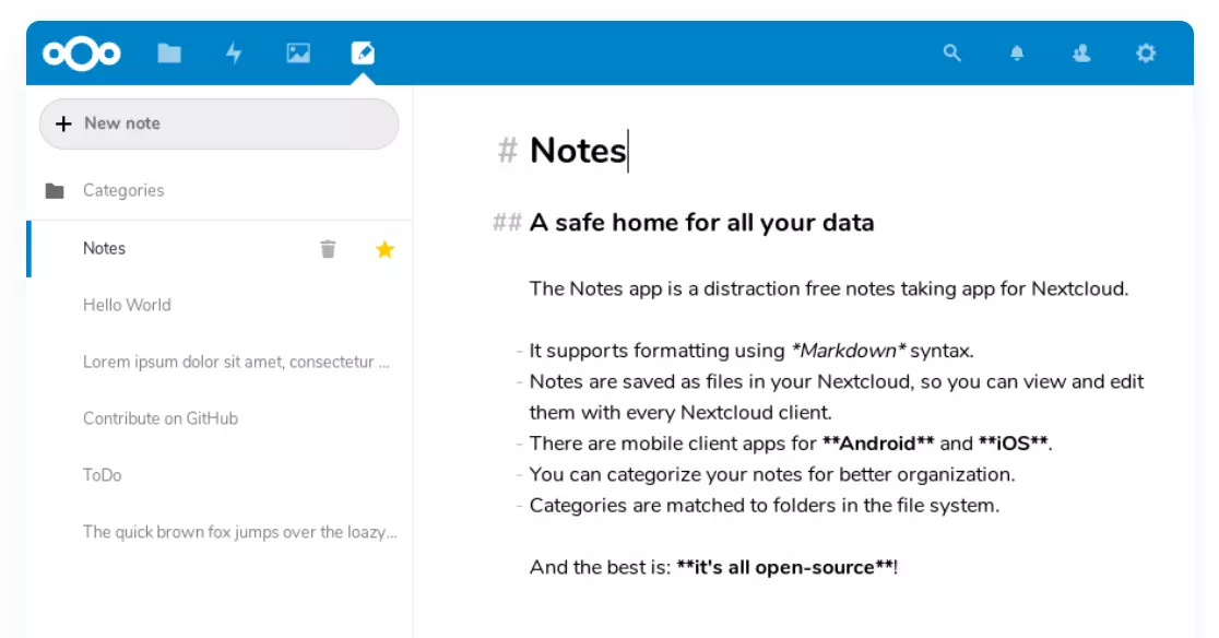 Screenshot von Notes in der App-Datenbank von Nextcloud