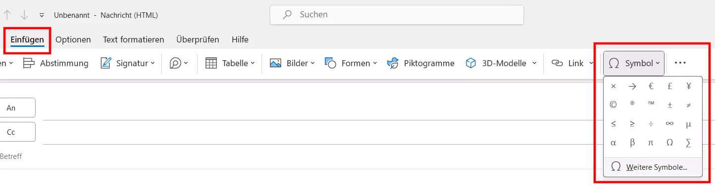 „Symbol“-Icon im Outlook-Nachrichten-Menüband