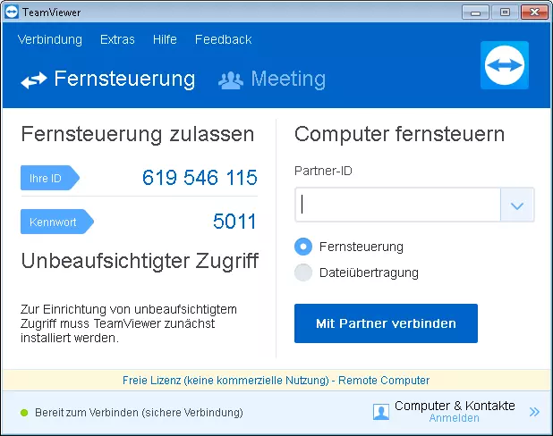 Fenster von TeamViewer, in dem Sie die Fernsteuerung einrichten können