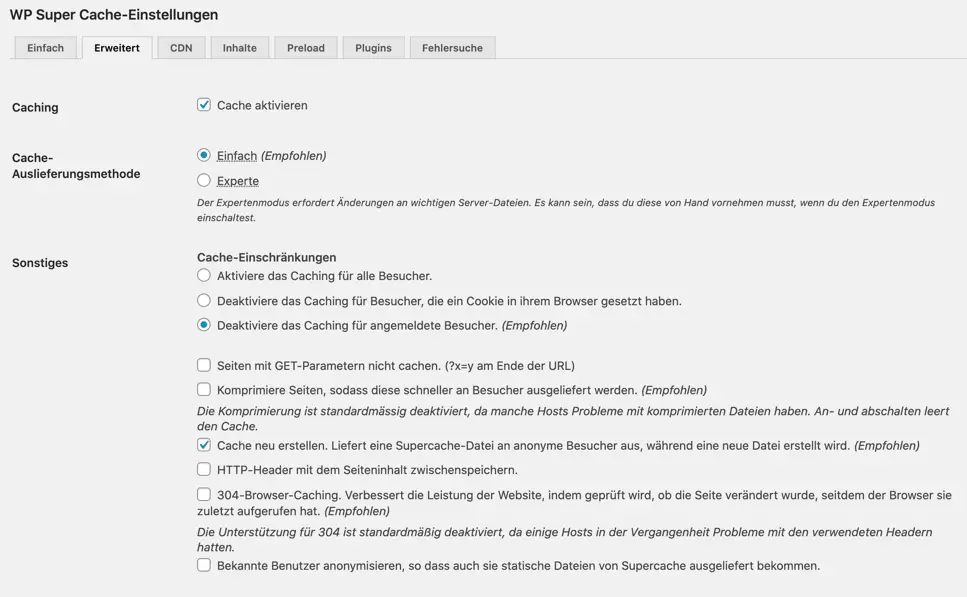 Backend-Einstellungen des WordPress-Caching-Plug-in WP Super Cache