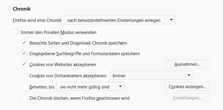Chronik- und Cookie-Einstellungen