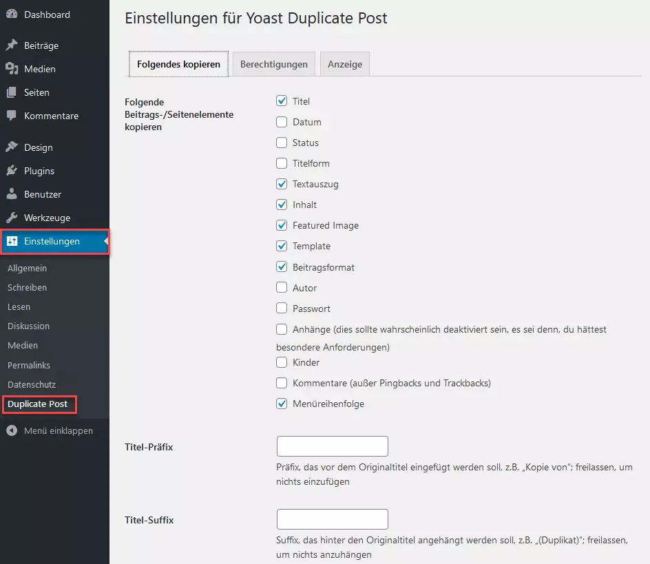 Einstellungsmöglichkeiten für Yoast Duplicate Post