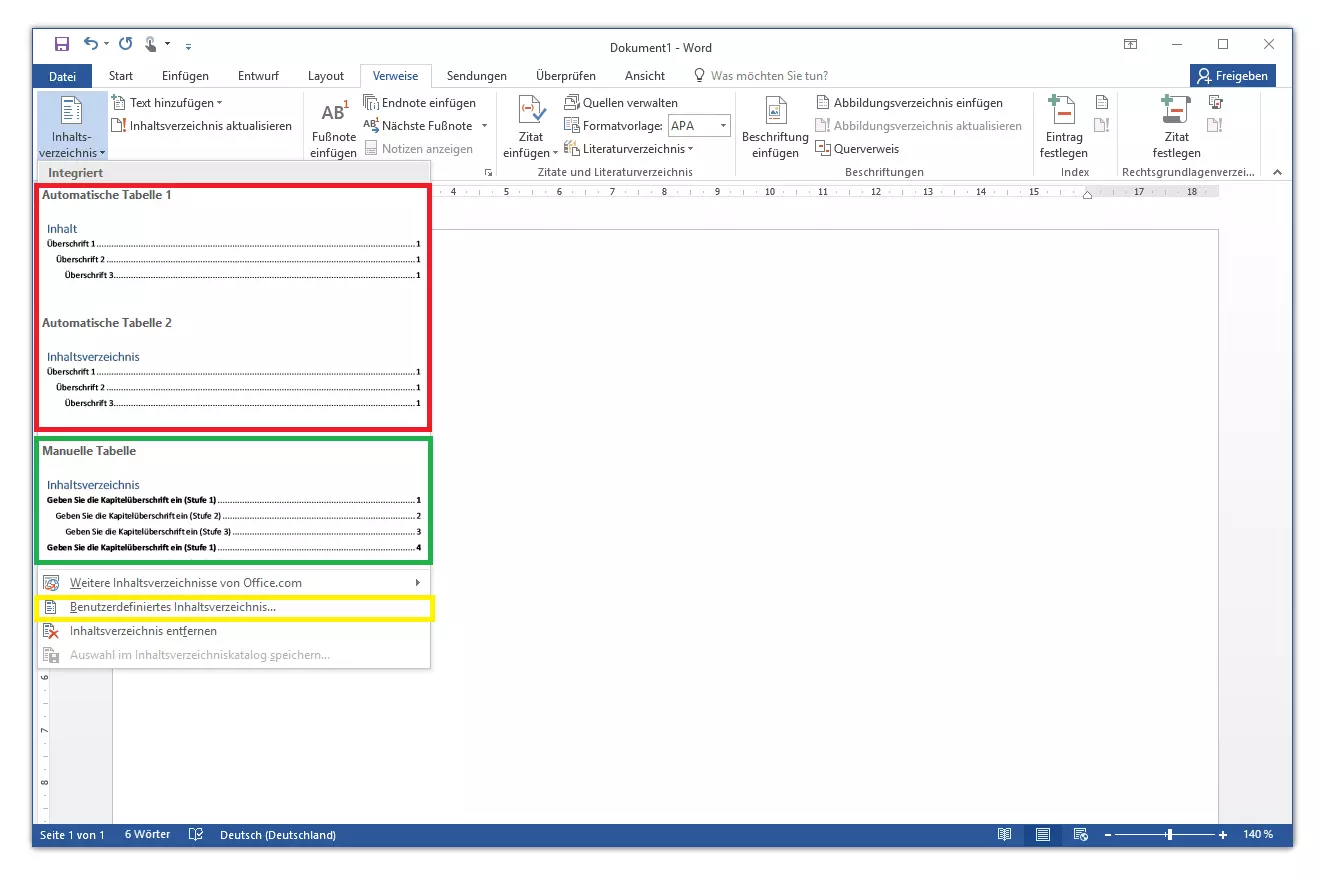 Microsoft Word 2016: Formatvorschläge für vorkonfigurierte Inhaltsverzeichnis